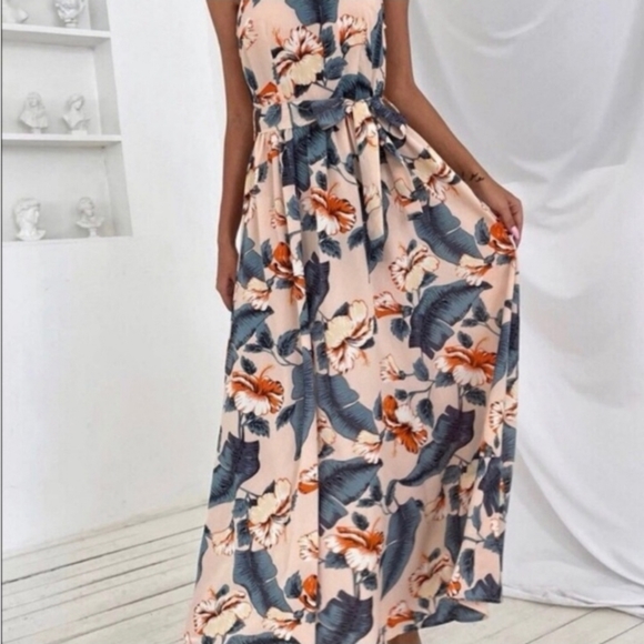 Dress. Peachy Cream/Multi Color Tropical Floral Print. Maxi Length. - Picture 3 of 4